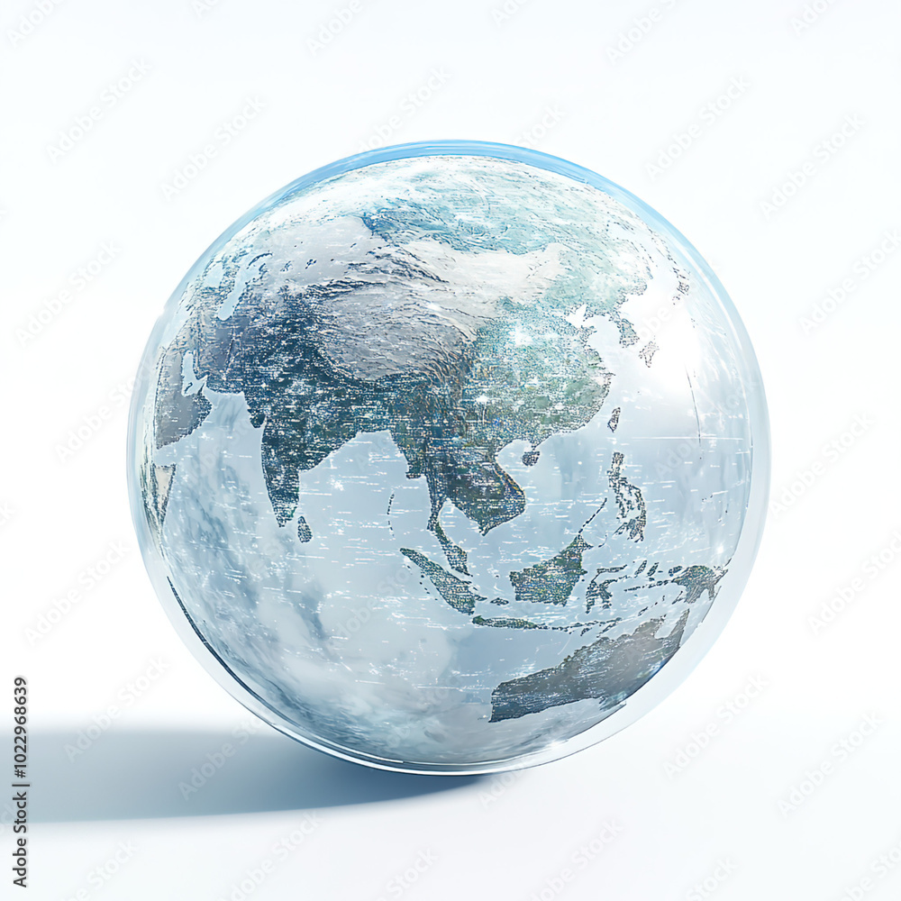 Transparent Globe Model Highlighting Asia & Europe, Crafted from Glass/Crystal with Intricate Textures, Pure White Background Transparent Globe Model Highlighting Asia & Europe, Crafted from Glass/Crystal with Intricate Textures, Pure White Background