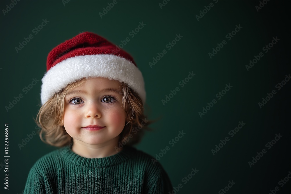 Young child wearing a green sweater and a red and white santa hat. The child is smiling. Happy toddler boy in a green sweater with a Santa hat for Christmas and New Year celebrations Young child wearing a green sweater and a red and white santa hat. The child is smiling. Happy toddler boy in a green sweater with a Santa hat for Christmas and New Year celebrations
