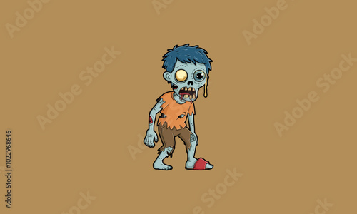 Cartoon zombie hunched over, drooling, in ragged clothes.