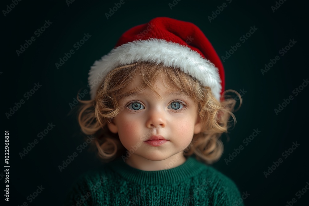 Young child wearing a green sweater and a red and white santa hat. The child is smiling. Happy toddler boy in a green sweater with a Santa hat for Christmas and New Year celebrations Young child wearing a green sweater and a red and white santa hat. The child is smiling. Happy toddler boy in a green sweater with a Santa hat for Christmas and New Year celebrations