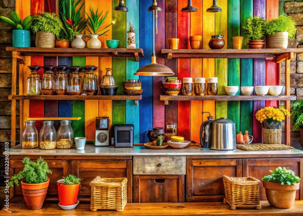 Rustic coffee bar shelves with various coffee supplies, decorative items, and cozy ambiance elements Rustic coffee bar shelves with various coffee supplies, decorative items, and cozy ambiance elements