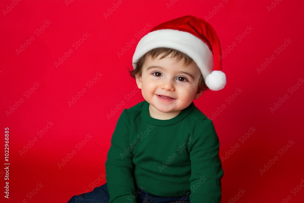 Young child wearing a green sweater and a red and white santa hat. The child is smiling. Happy toddler boy in a green sweater with a Santa hat for Christmas and New Year celebrations Young child wearing a green sweater and a red and white santa hat. The child is smiling. Happy toddler boy in a green sweater with a Santa hat for Christmas and New Year celebrations