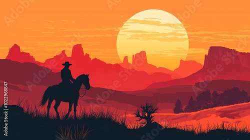 Cowboy on Horseback in Vibrant Desert Sunset Landscape