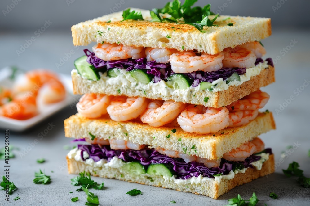 Three-storyed sandwich with shrimp, cucumber, cream-cheese and red cabbage. Perfect variant of light healthy lunch - generative ai Three-storyed sandwich with shrimp, cucumber, cream-cheese and red cabbage. Perfect variant of light healthy lunch - generative ai