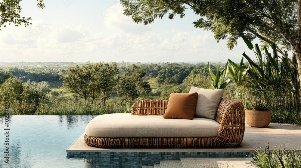 Rattan sofa with soft cushions positioned by a sparkling pool, with a beautiful garden view in the background Rattan sofa with soft cushions positioned by a sparkling pool, with a beautiful garden view in the background