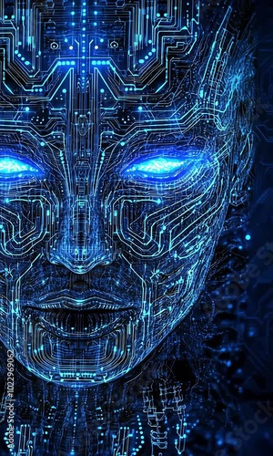 Futuristic cybernetic face with glowing circuits with ai generated.
 photo