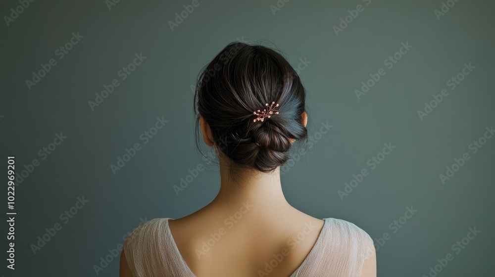 Rear view of a young lady with a decorative hair clip, centered against a neutral gray background. Rear view of a young lady with a decorative hair clip, centered against a neutral gray background.