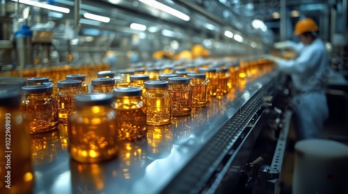 Conveyor Belt of Golden Jars: Amber liquid fills glass jars moving along a gleaming stainless steel conveyor belt in a modern factory.