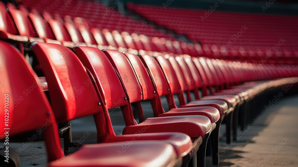 Fototapeta premium Rows of empty red stadium seats, showing an elevated perspective, aligned for spectator seating.
