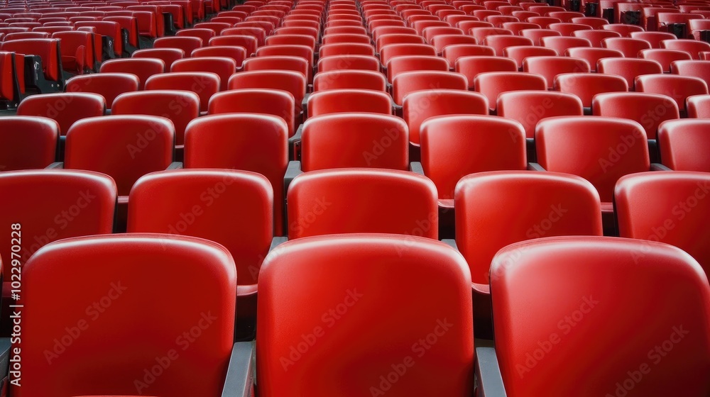 Obraz premium Rows of empty red stadium seats, showing an elevated perspective, aligned for spectator seating.