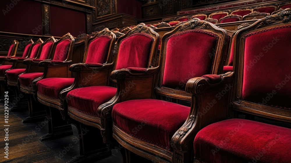 Obraz premium Rows of red velvet seats in the French National Assembly, with elegant wooden carvings and a sense of gravitas