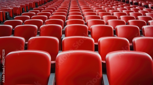 Rows of empty red stadium seats, showing an elevated perspective, aligned for spectator seating.