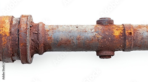Rusted iron drain pipe, viewed from the side, isolated on a white background, showing detailed surface texture.