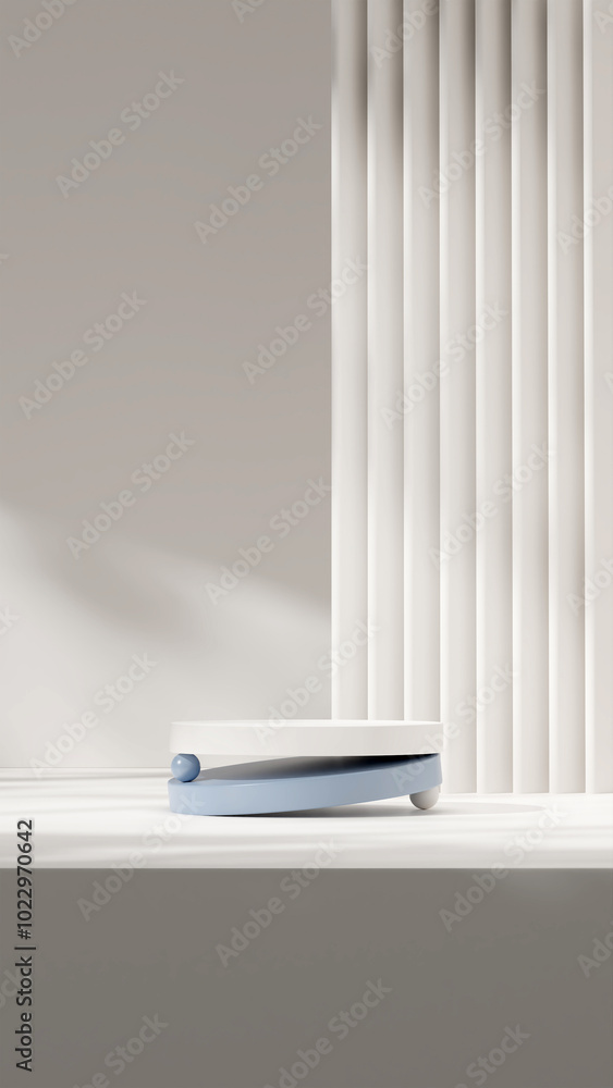 3d mock up rendering background of white and blue podium in portrait with sun shadow and white wall 3d mock up rendering background of white and blue podium in portrait with sun shadow and white wall