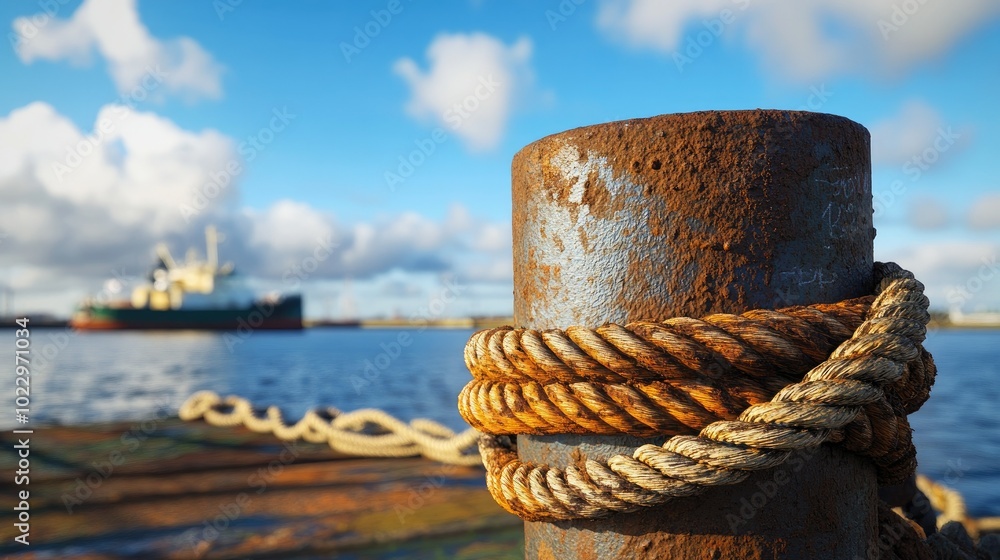 Fototapeta premium Rusty bollard on a port with thick ropes, under a clear blue sky with fluffy clouds.