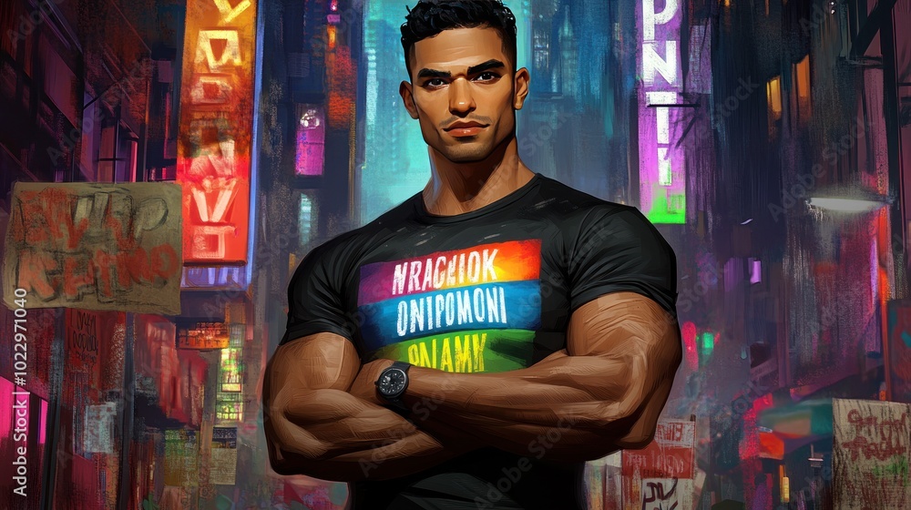 Obraz premium A muscular man stands confidently in a vibrant urban setting, showcasing a colorful shirt.