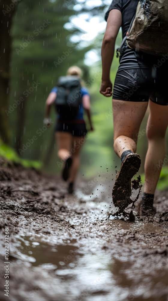 A close-up of people hiking on an adventurous trail, one with a backpack and the other wearing shorts, both running quickly in their shoes, surrounded by a dense forest and a misty atmosphere A close-up of people hiking on an adventurous trail, one with a backpack and the other wearing shorts, both running quickly in their shoes, surrounded by a dense forest and a misty atmosphere