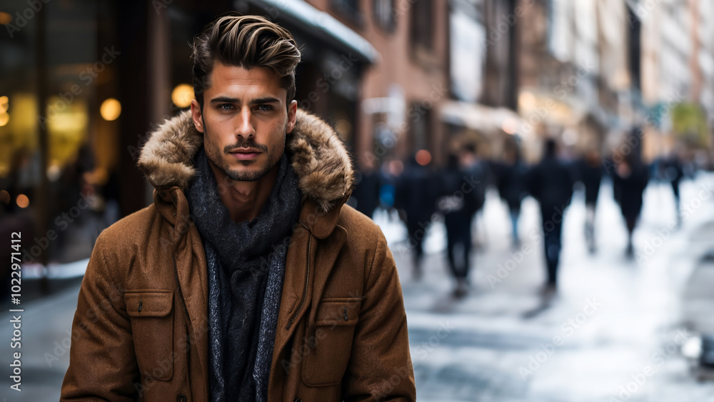 A man dressed in a warm winter coat and scarf, ready to face the chilly weather in a fashionable manner, during winter, in the blur cityscape background A man dressed in a warm winter coat and scarf, ready to face the chilly weather in a fashionable manner, during winter, in the blur cityscape background