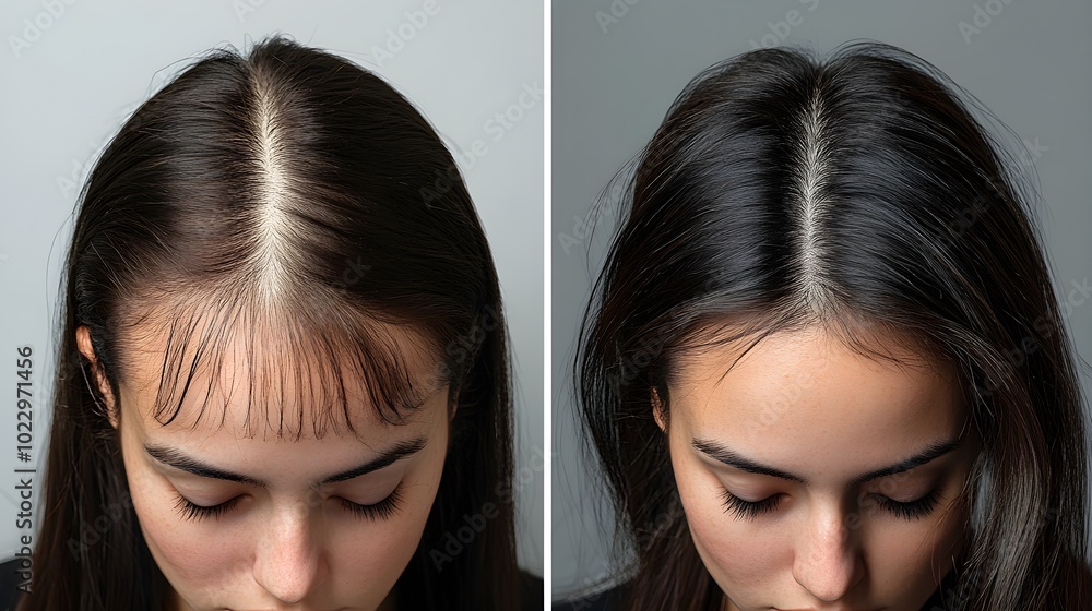 Hair loss transformation post, featuring close-up headshots before treatment showing balding areas and after images of regrown, thickened hair Hair loss transformation post, featuring close-up headshots before treatment showing balding areas and after images of regrown, thickened hair