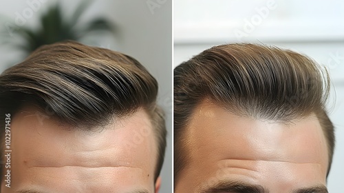 Side-by-side scalp photos of a man, displaying progressive hair loss before and full coverage achieved after undergoing a successful hair restoration procedure photo