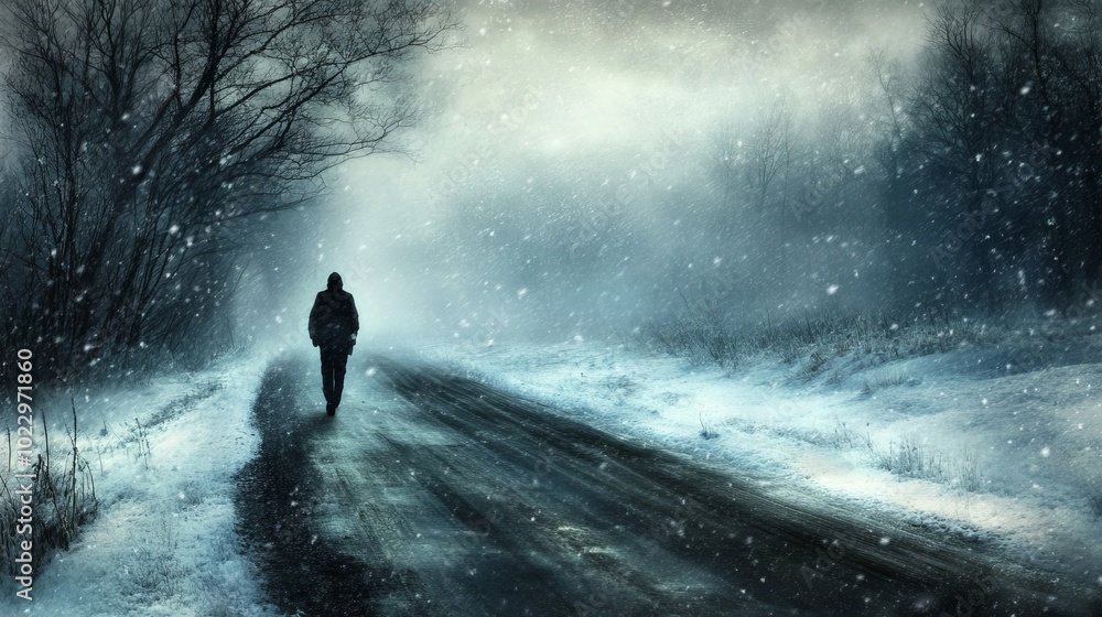 During a blizzard, a person walks on a snow-covered road During a blizzard, a person walks on a snow-covered road