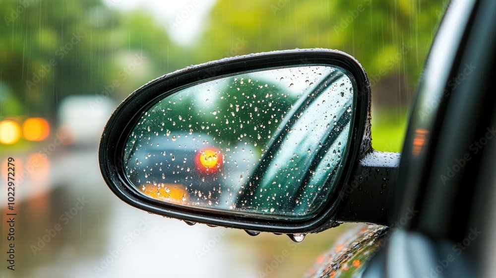 Side mirror of a car with raindrops, visibility blurred by wet conditions, on a rainy day. Side mirror of a car with raindrops, visibility blurred by wet conditions, on a rainy day.