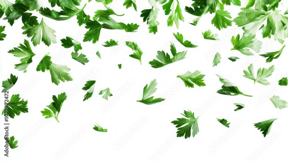 Fresh green parsley leaves falling on a white background. Fresh green parsley leaves falling on a white background.