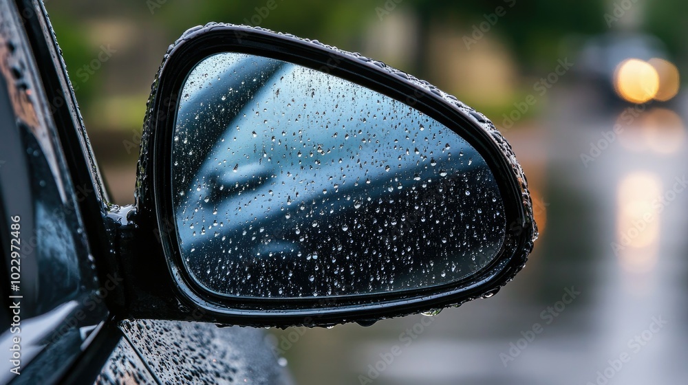 Side view of a car mirror, wet with raindrops, visibility reduced due to the blurred effect. Side view of a car mirror, wet with raindrops, visibility reduced due to the blurred effect.