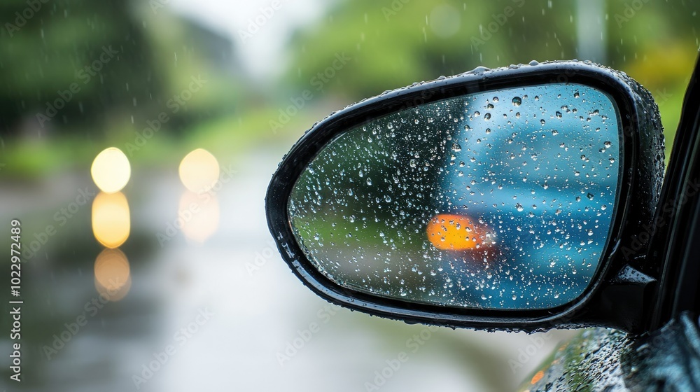 Side view of a car mirror, wet with raindrops, visibility reduced due to the blurred effect. Side view of a car mirror, wet with raindrops, visibility reduced due to the blurred effect.