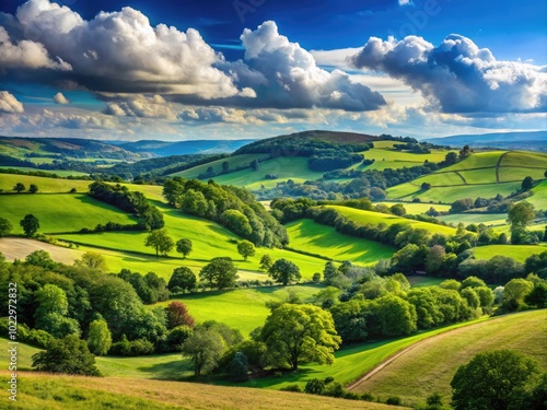 Scenic countryside landscape with rolling hills, lush greenery, and a serene blue sky in summer