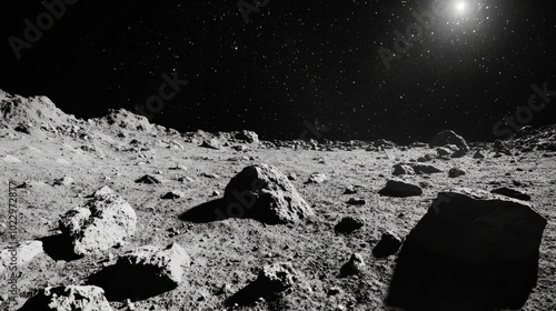 Lunar Landscape:  A desolate yet mesmerizing lunar landscape, illuminated by the distant sun, showcases the stark beauty of the moon's surface. The rugged terrain, dotted with craters and boulders. photo