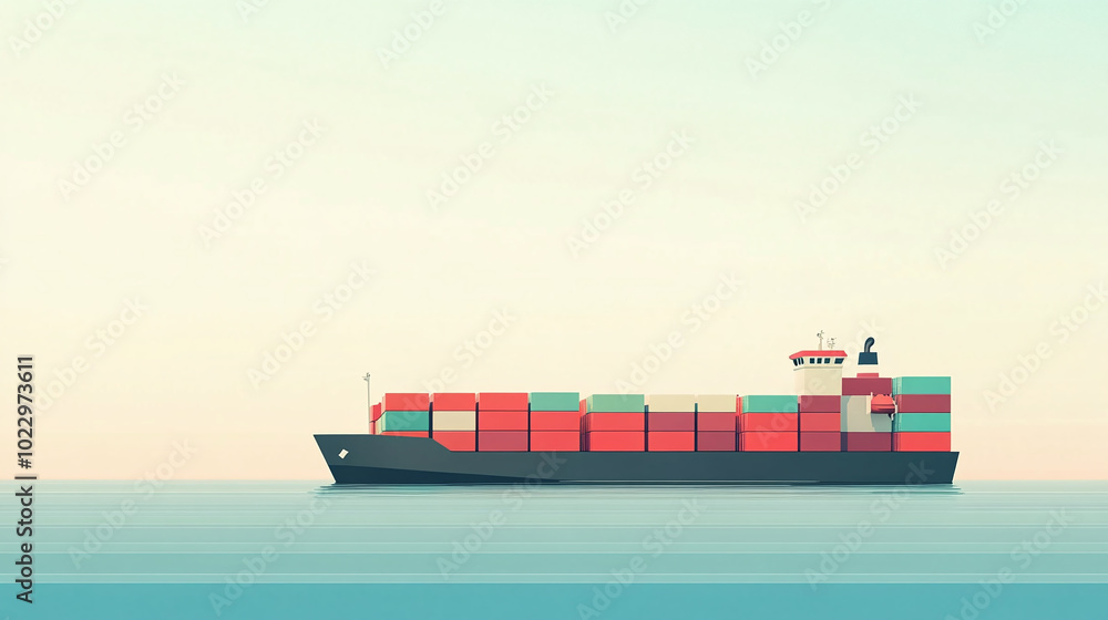 panorama of a large cargo ship in the sea 2d illustration shape side view extreme wide shot view light blue sunny day shades soft pastel colors presentation solid background cartoon UI graphics style panorama of a large cargo ship in the sea 2d illustration shape side view extreme wide shot view light blue sunny day shades soft pastel colors presentation solid background cartoon UI graphics style