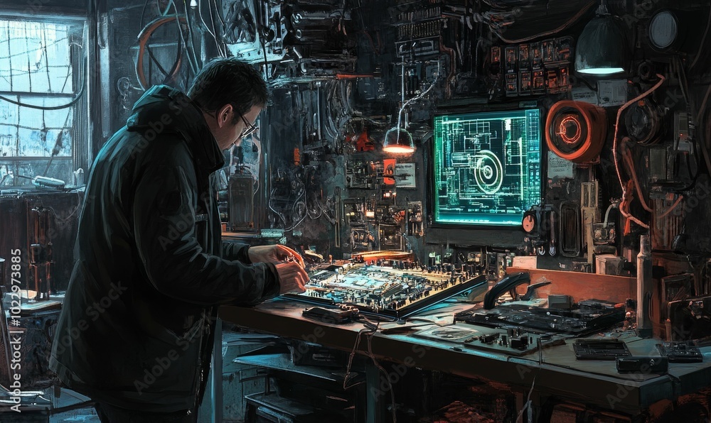 Man works on electronics in a cluttered room. Man works on electronics in a cluttered room.