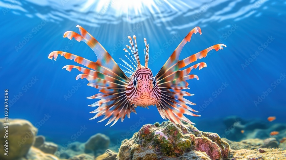Vibrant Lionfish Swimming in Coral Reef Environment Vibrant Lionfish Swimming in Coral Reef Environment