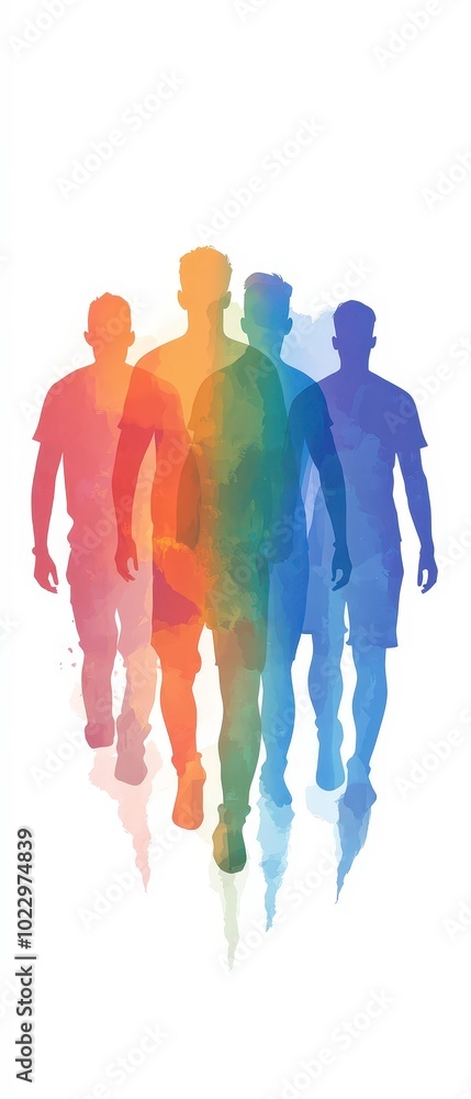 Obraz premium A group of men are walking in a rainbow line