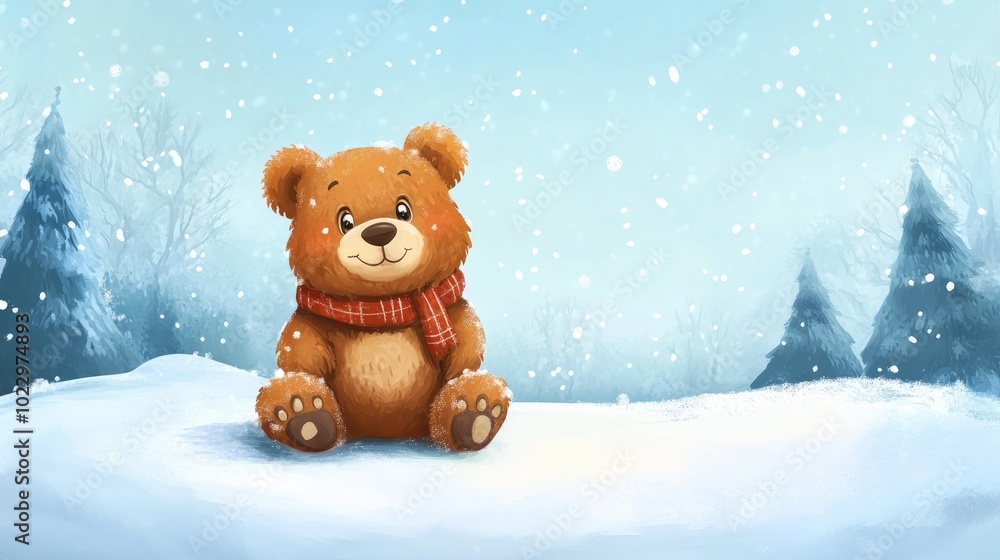 2D cartoon illustration of an adorable bear in a snowy landscape during the holiday season 2D cartoon illustration of an adorable bear in a snowy landscape during the holiday season