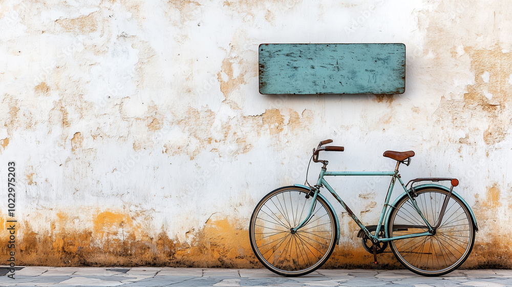 A pastel-colored bicycle leans against an aged, textured wall with peeling paint in a tranquil urban area, capturing a serene moment of everyday life. A pastel-colored bicycle leans against an aged, textured wall with peeling paint in a tranquil urban area, capturing a serene moment of everyday life.