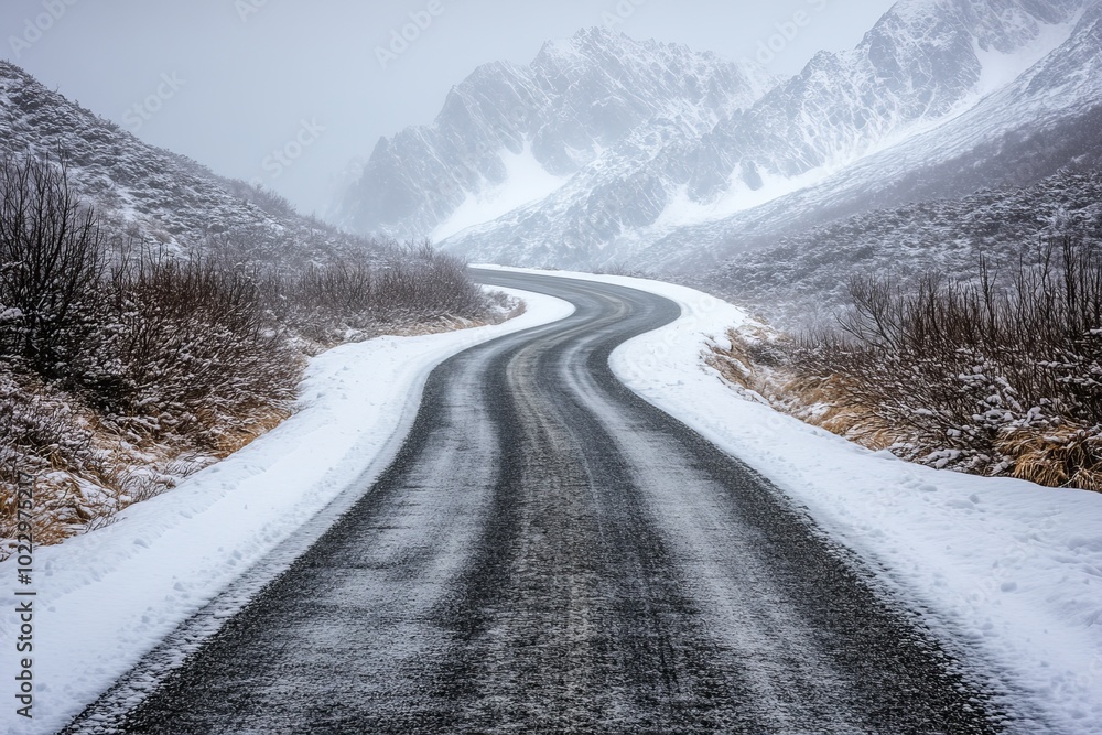 Concept - safe travel during winter holidays, weather conditions. Image shows ice, snow and fog on a mountain road. Concept - safe travel during winter holidays, weather conditions. Image shows ice, snow and fog on a mountain road.