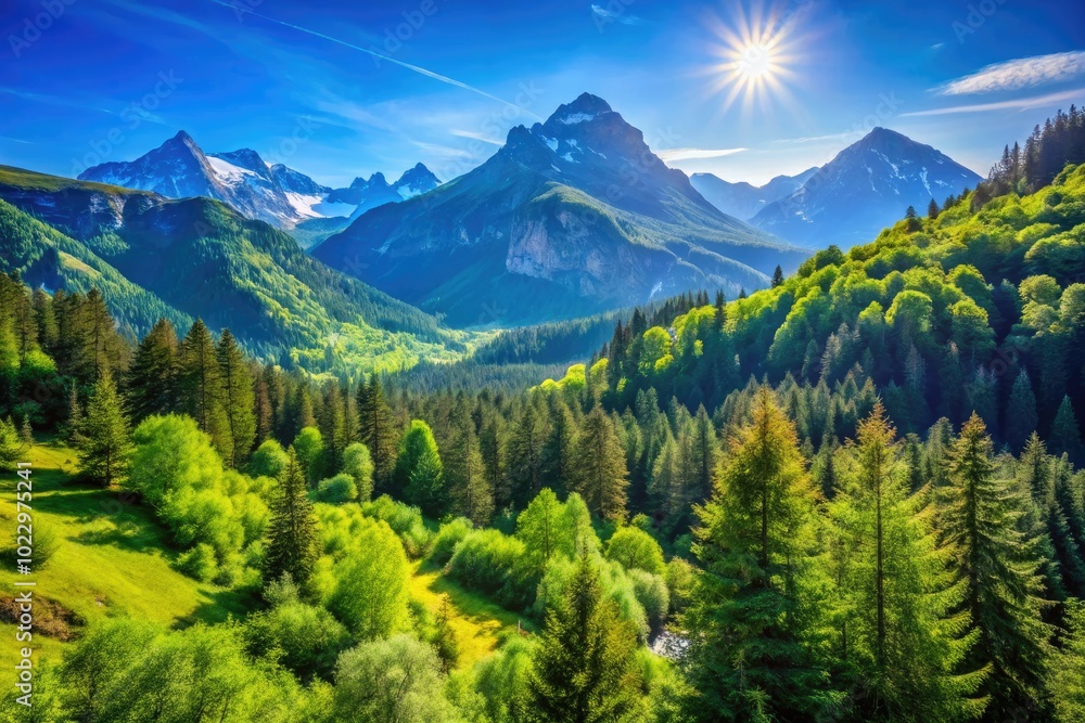 Fototapeta premium Scenic Mountain Landscape with Lush Green Forest and Clear Blue Sky on a Sunny Day in Nature