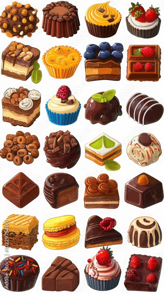 A collection of assorted chocolate and fruit pastries, cakes, and sweets arranged in a grid pattern on a white background, showcasing a variety of dessert options.
A collection of assorted chocolate and fruit pastries, cakes, and sweets arranged in a grid pattern on a white background, showcasing a variety of dessert options.