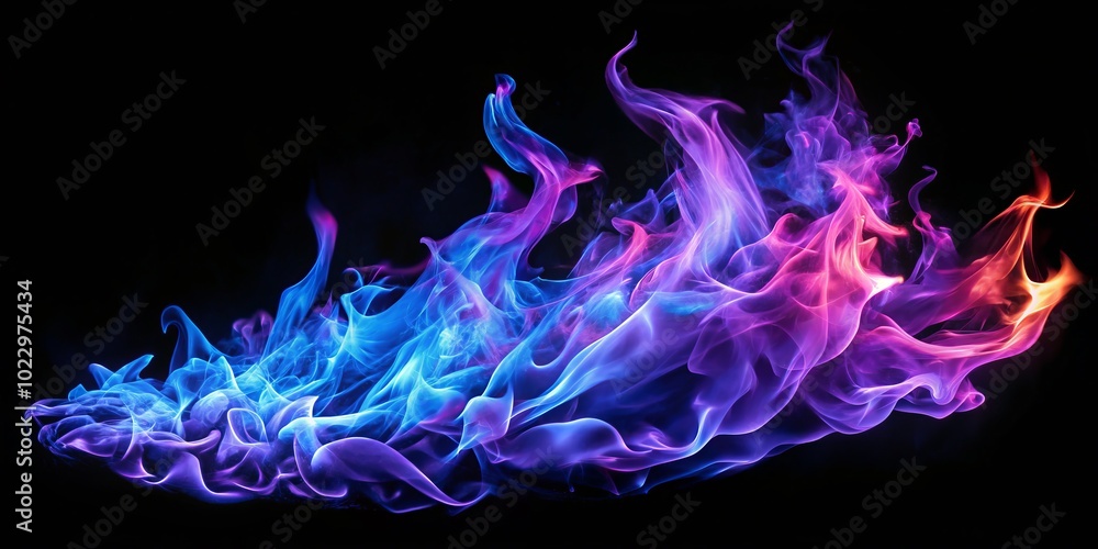 An expansive aerial shot showcases vivid blue and purple flames illuminated against a dark background, delivering an eye-catching and mesmerizing visual spectacle. An expansive aerial shot showcases vivid blue and purple flames illuminated against a dark background, delivering an eye-catching and mesmerizing visual spectacle.
