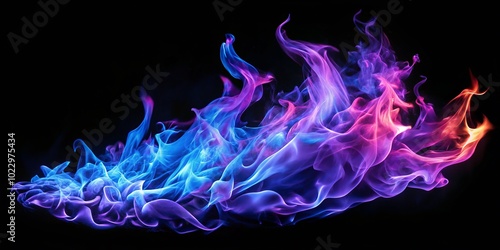 An expansive aerial shot showcases vivid blue and purple flames illuminated against a dark background, delivering an eye-catching and mesmerizing visual spectacle.