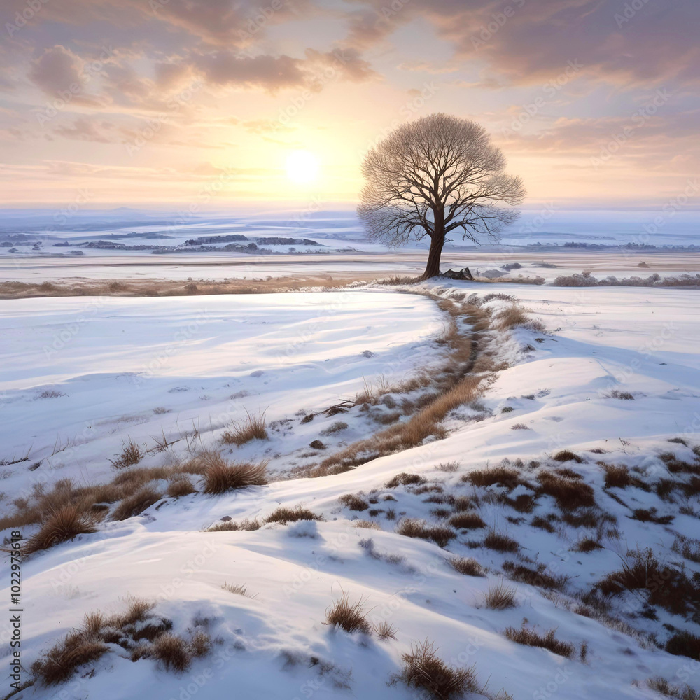 Realistic illustration of winter landscape with lonely tree on horizon.
