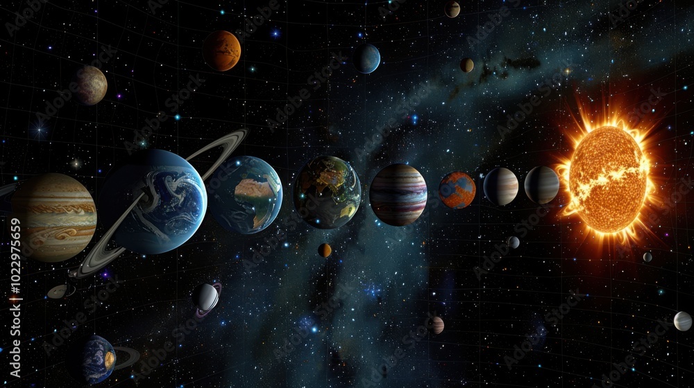Naklejka premium An illustration of the solar system with planets aligned in a linear arrangement, depicting the vastness of outer space and cosmic beauty.