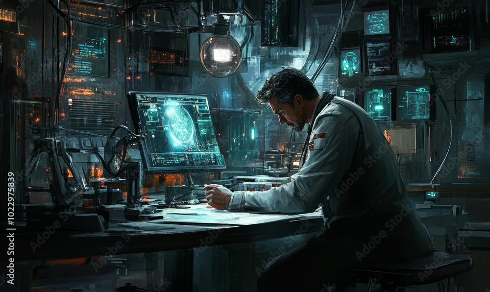 Man working late at futuristic computer terminal. Man working late at futuristic computer terminal.