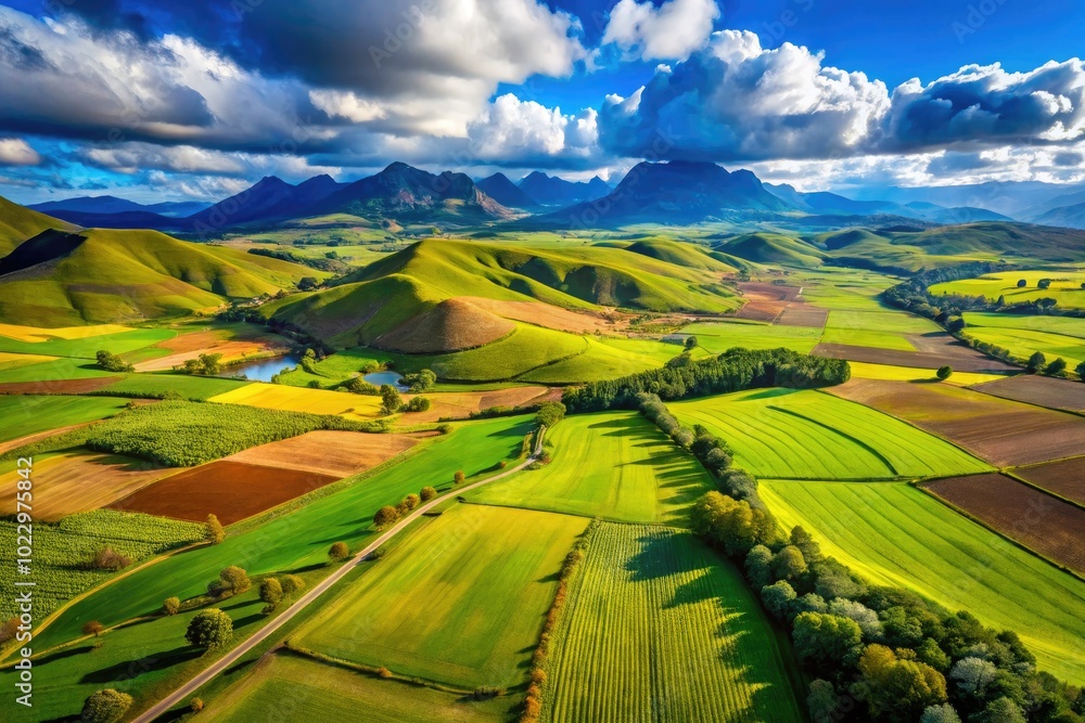 Fototapeta premium Scenic South African Farmland with Lush Green Fields under a Bright Blue Sky and Rolling Hills