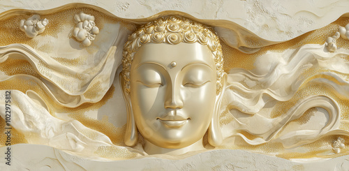 Illustration of Golden Buddha Face. Buddha statue used as amulets of Buddhism religion