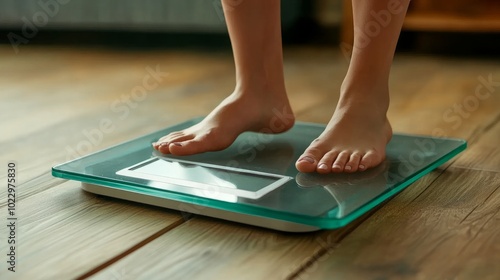 On a wooden backdrop, a woman's feet are placed on electronic scales to regulate her weight. The notion of weight loss and slimming photo