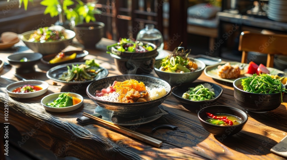 A Festive Table of Delicious Asian Cuisine Surrounded by Fresh Ingredients and Beautiful Dishes A Festive Table of Delicious Asian Cuisine Surrounded by Fresh Ingredients and Beautiful Dishes