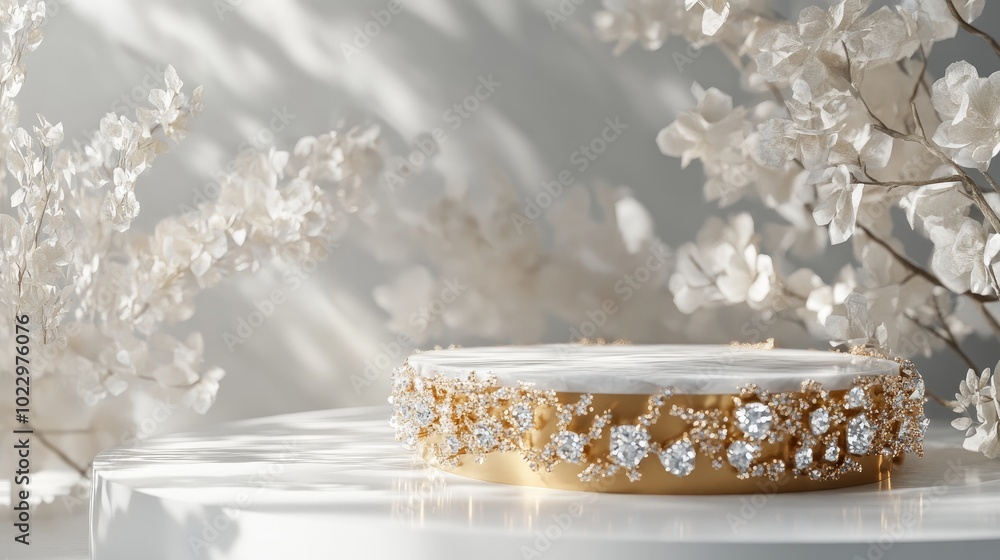 3D rendering of a golden pedestal adorned with diamonds Luxurious minimalist background ideal for branding and packaging displays Abstract mock up scene featuring white and gold tones 3D illustrat 3D rendering of a golden pedestal adorned with diamonds Luxurious minimalist background ideal for branding and packaging displays Abstract mock up scene featuring white and gold tones 3D illustrat
